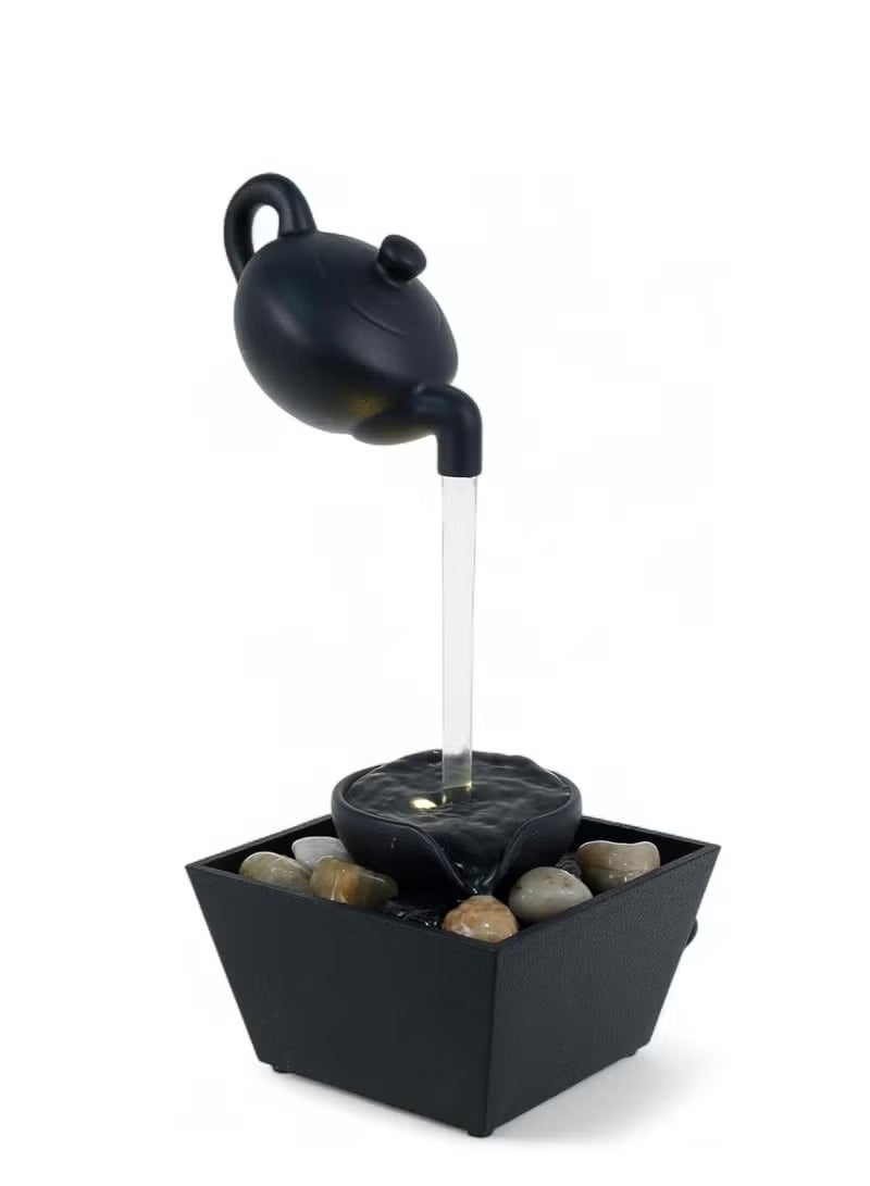 نافورة مياه ديكور مع إبريق شاي عائم – شلال سطح طاولة بإضاءة LED وأحجار مزخرفة – تصميم مستوحى من ثقافة الشاي الصيني – تعمل بالبطارية أو USB – ديكور داخلي مريح للمكتب أو المنزل - Image 3